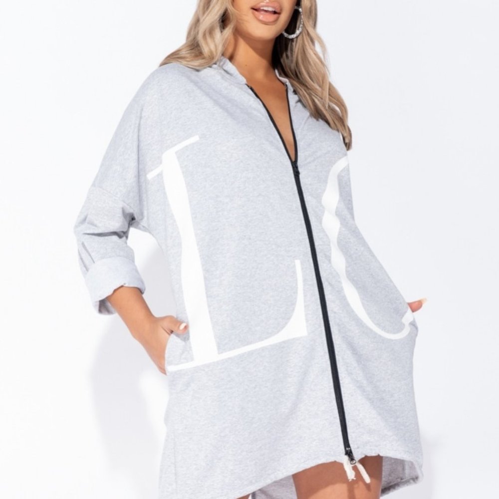 Grey Love Logo Zip Front Oversized Hoodie Dress - Picture 2 of 12